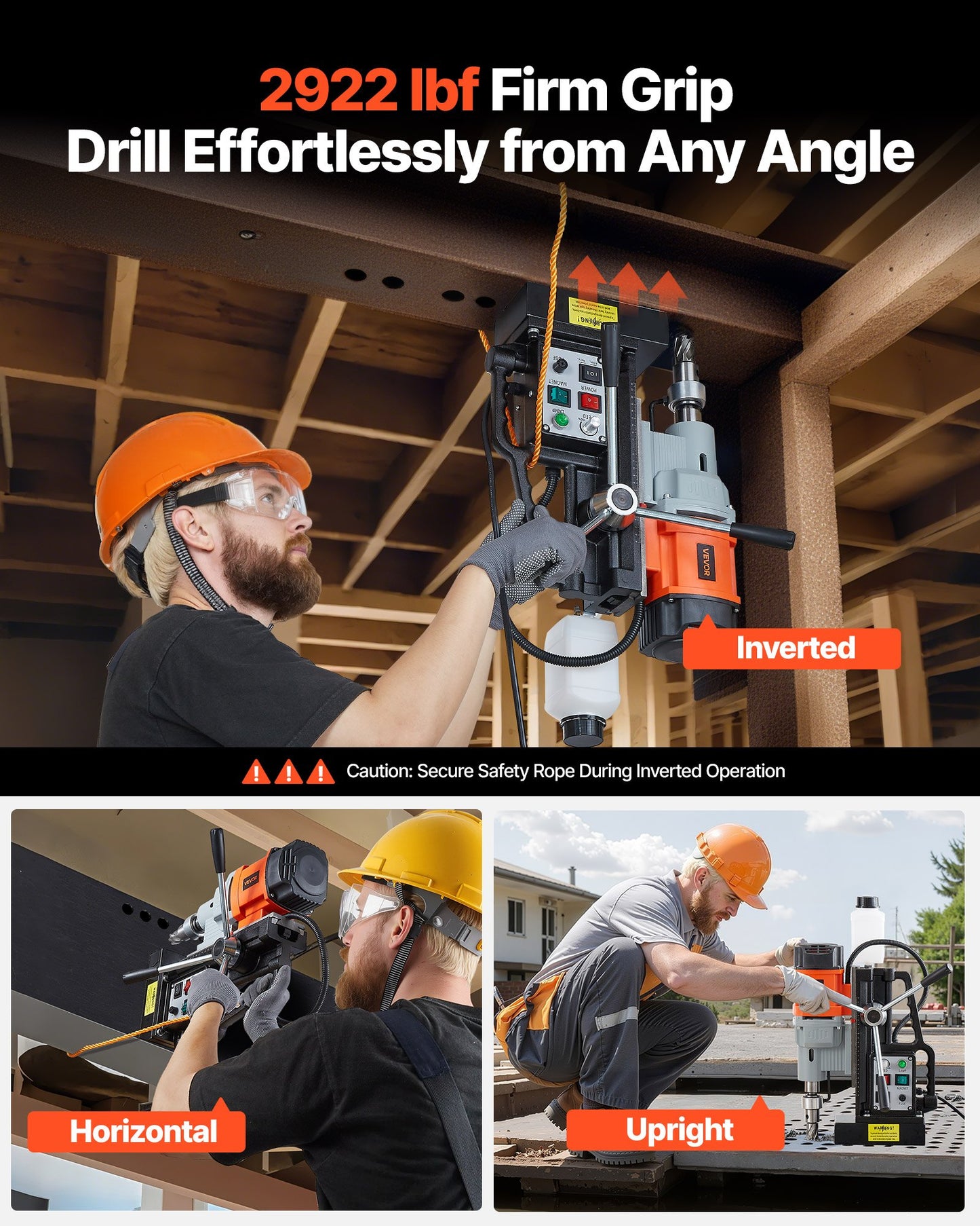 Magnetic Drill Press, 1550 W, 2.4 in Boring Diameter, 2922 lbf Power Mag Drill Press, 0-600 RPM Adjustable Speed, Morse Taper, M3-M16 Tapping, for Metal Surface, Industrial and Home Improvement