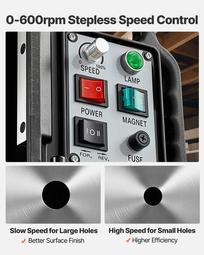 Magnetic Drill Press, 1550 W, 2.4 in Boring Diameter, 2922 lbf Power Mag Drill Press, 0-600 RPM Adjustable Speed, Morse Taper, M3-M16 Tapping, for Metal Surface, Industrial and Home Improvement