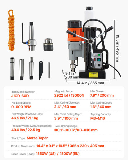 Magnetic Drill Press, 1550 W, 2.4 in Boring Diameter, 2922 lbf Power Mag Drill Press, 0-600 RPM Adjustable Speed, Morse Taper, M3-M16 Tapping, for Metal Surface, Industrial and Home Improvement