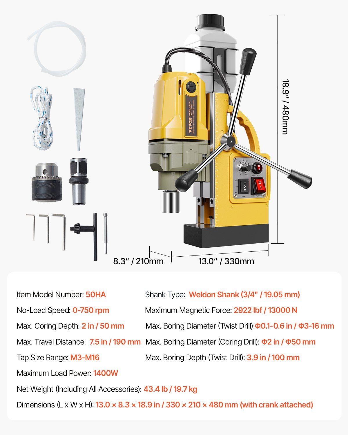 Magnetbohrmaschine 1400 W 2922 lbf Mag Bohrmaschine 2 Zoll Bohrdurchmesser 0–750 U/min