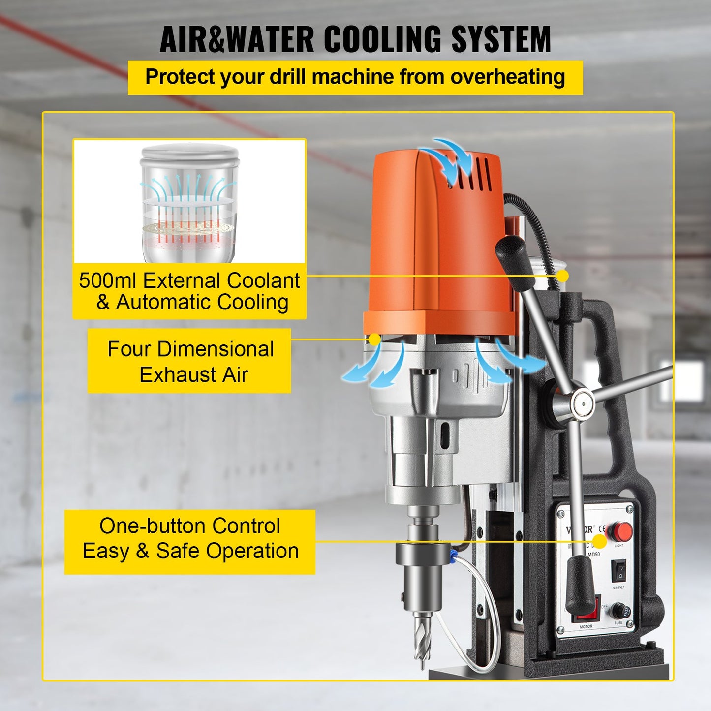 1680W MD50 Magnetic Drill 300 RPM Spindle Speed Electric Magnetic Drilling System with 2 Inch Boring Diameter and 2900 LBS Magnet Force