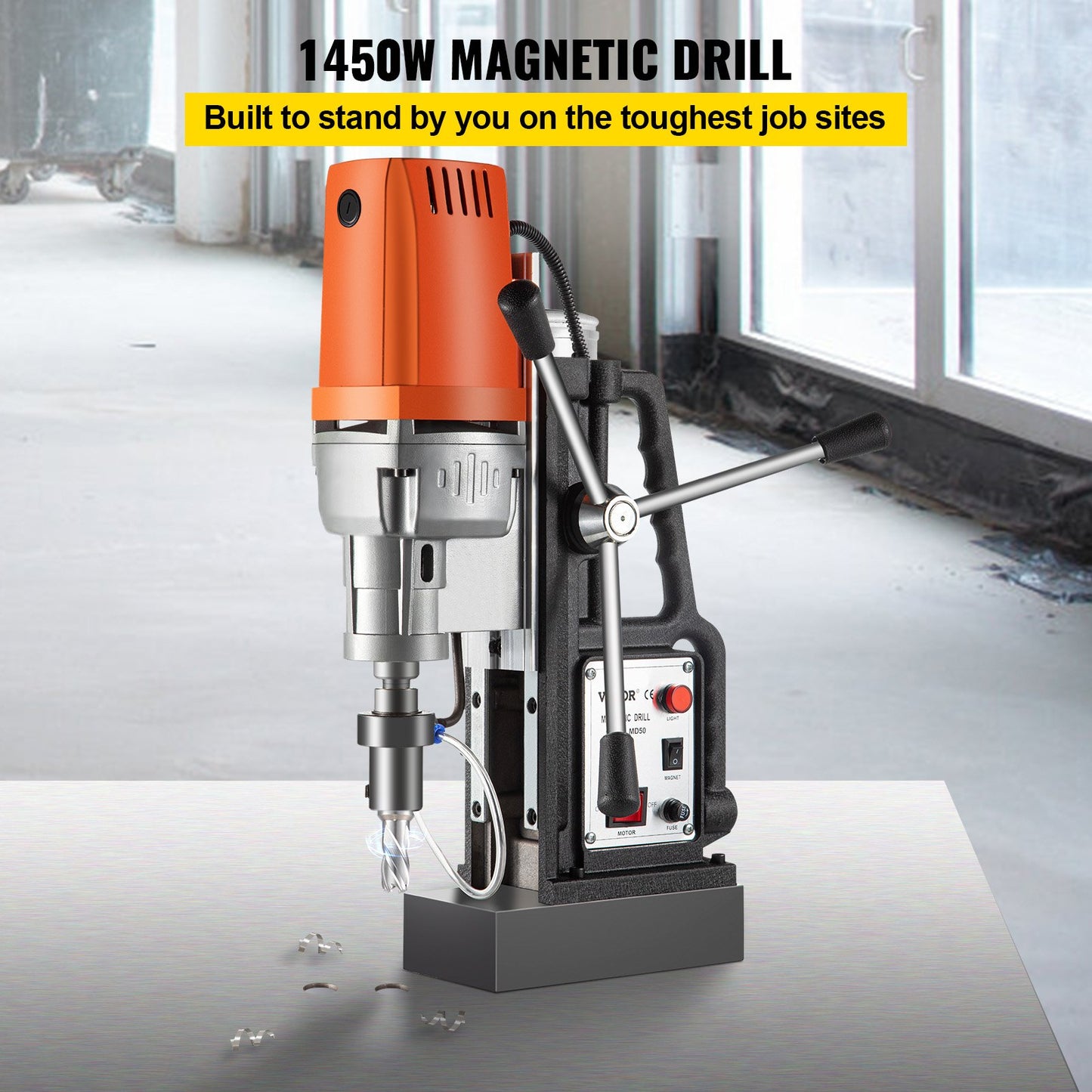 1450W Magnetic Drill Press with 2 Inch Boring Diameter Annular Cutter Machine 2900 LBS 6pcs HSS Annular Cutter Bits,850 RPM Drilling Machine for any Surface Home Improvement Industry Railway