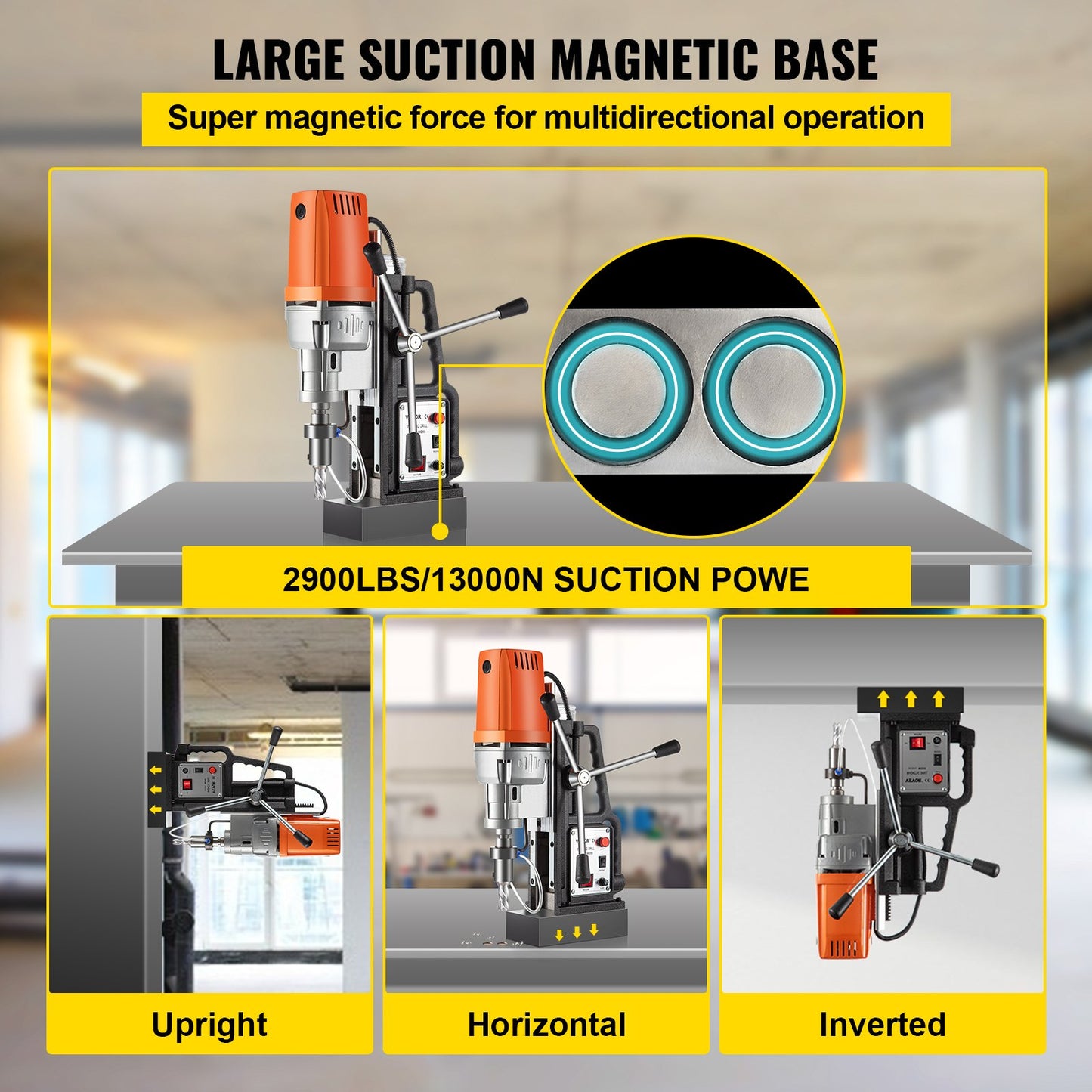 1450W Magnetic Drill Press with 2 Inch Boring Diameter Annular Cutter Machine 2900 LBS 6pcs HSS Annular Cutter Bits,850 RPM Drilling Machine for any Surface Home Improvement Industry Railway