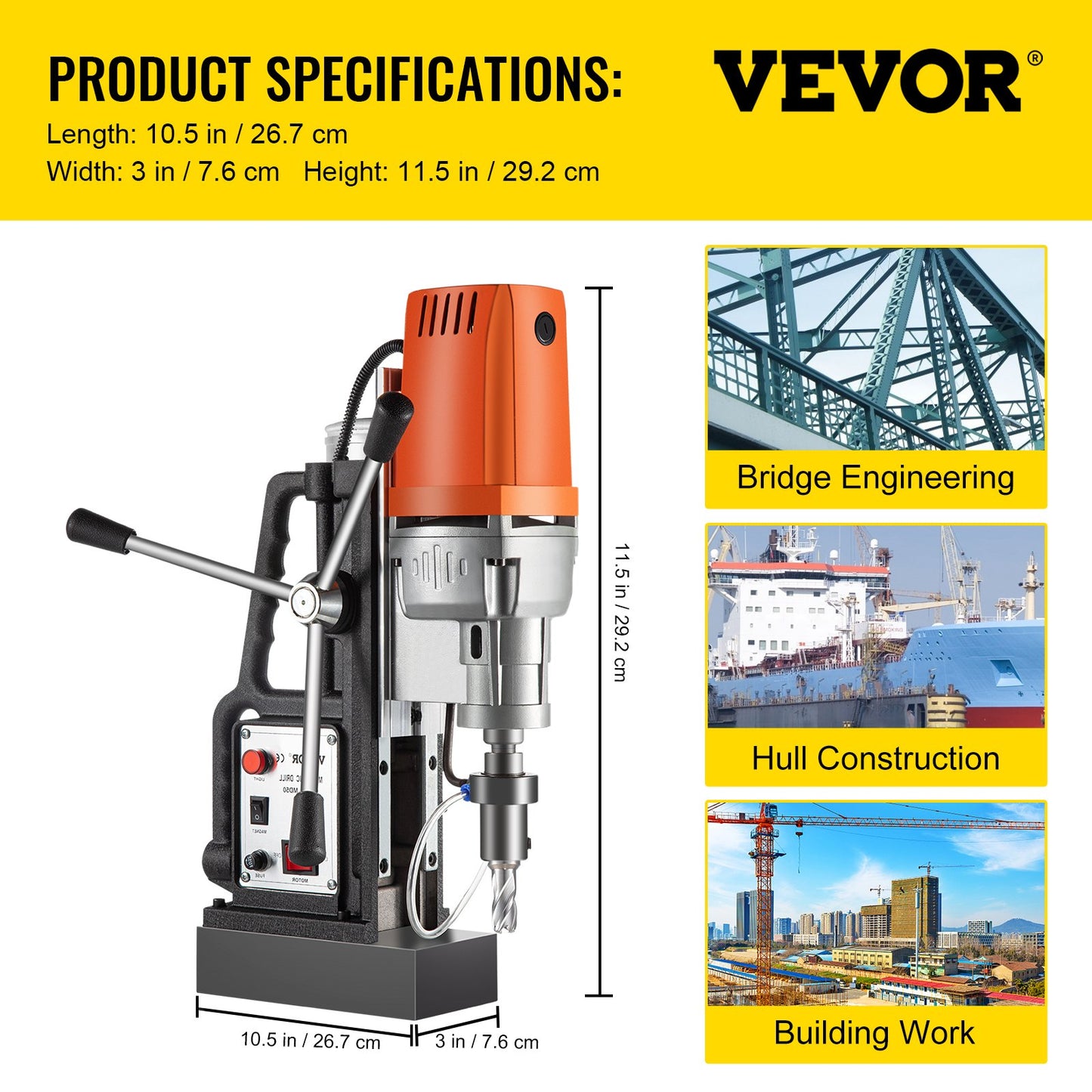 1450W Magnetic Drill Press with 2 Inch Boring Diameter Annular Cutter Machine 2900 LBS 6pcs HSS Annular Cutter Bits,850 RPM Drilling Machine for any Surface Home Improvement Industry Railway