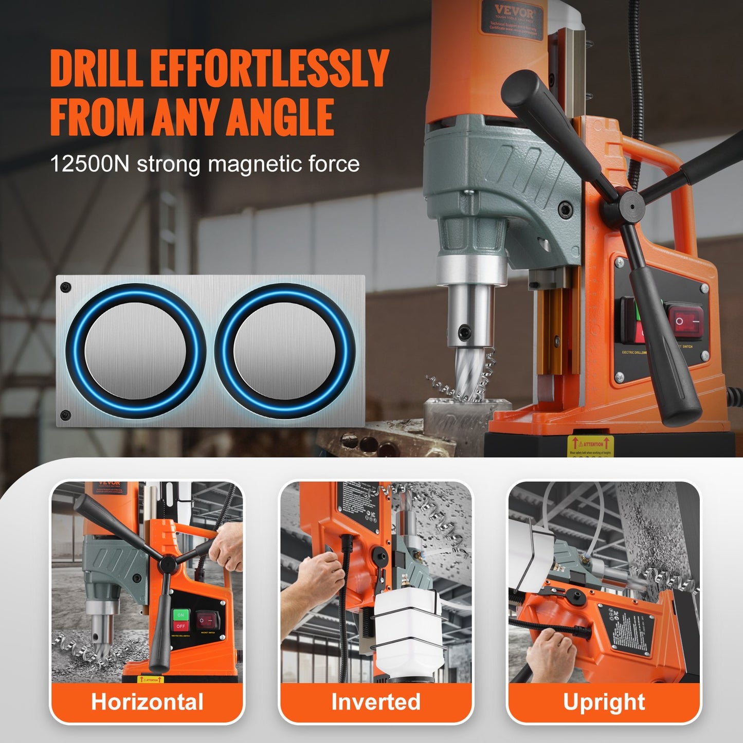 Magnetic Drill, 1450W 1.57" Boring Diameter, 12500N 850 RPM Portable Electric Mag Drill Press, Drilling Machine for any Surface Home Improvement Industry Railway