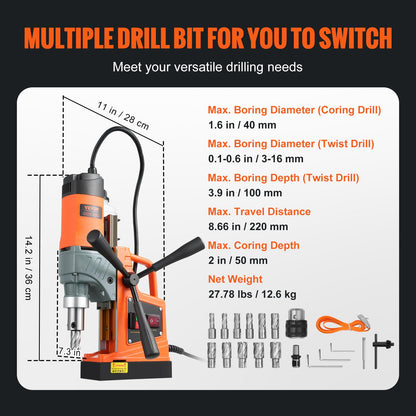 Magnetic Drill, 1450W 1.57" Boring Diameter, 12500N 850 RPM Portable Electric Mag Drill Press, Drilling Machine for any Surface Home Improvement Industry Railway