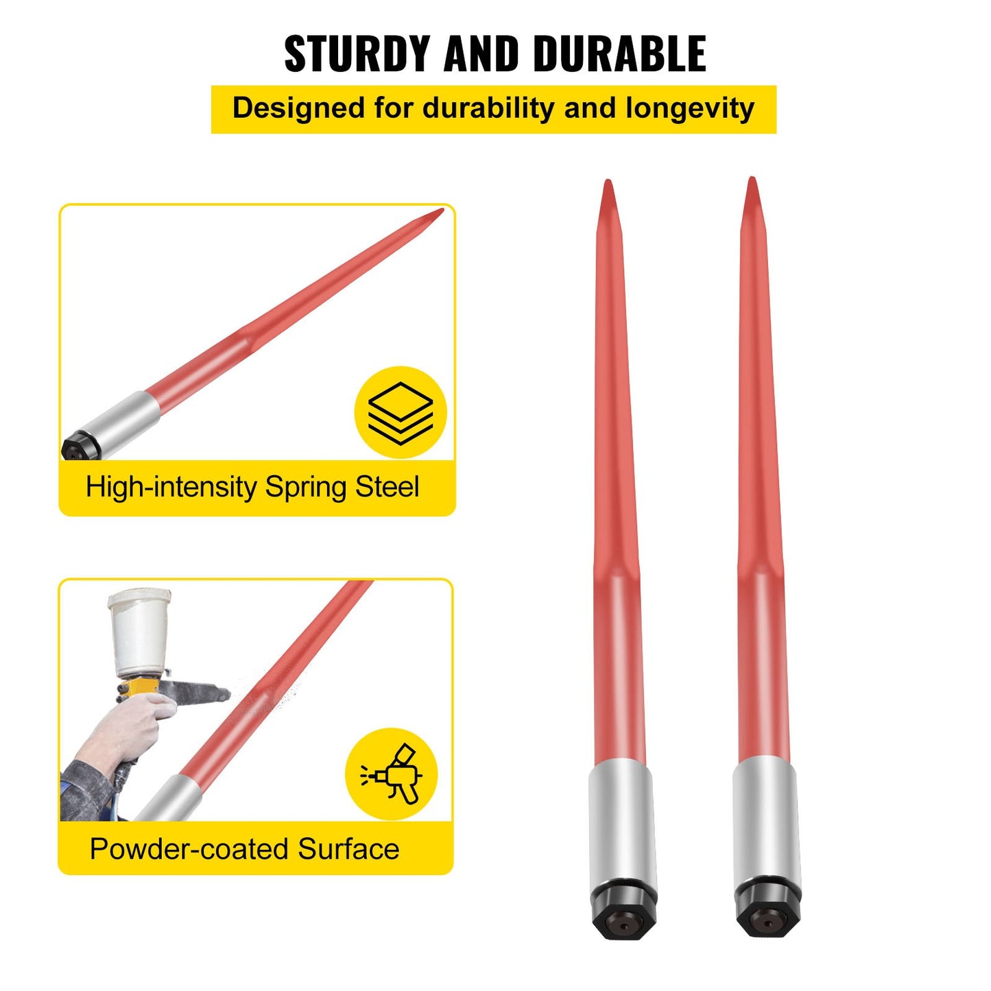 Par Hay Spear 43" balspjut 3000 lbs Kapacitet, balspets snabbfäste fyrkantiga höbalspjut 1 3/4", rödbelagda balgafflar, balhö spets med sexkantsmutter och hylsa för skopor Traktorer Lastare