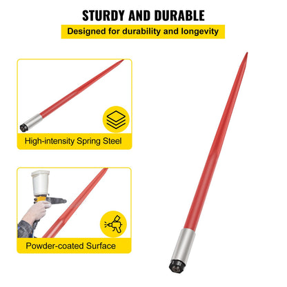 Heuspieß, 49 Zoll, Ballenspieß, 4500 lbs Kapazität, Ballenspieß, schnell zu befestigen, quadratische Heuballenspieß, 1 3/4 Zoll breit, rot beschichtete Ballengabeln, Ballenspieß mit Sechskantmutter und Hülse für Schaufeln, Traktoren, Lader