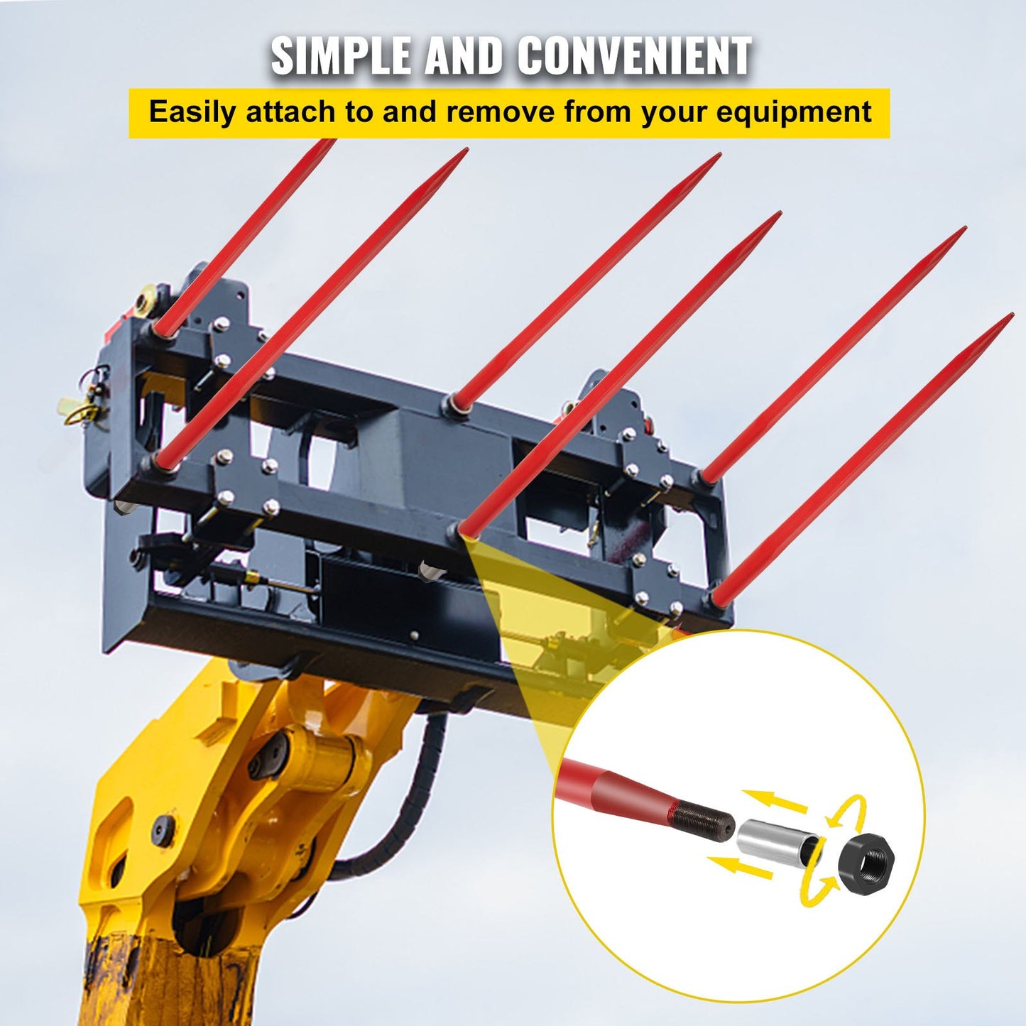 Hay Spear 49" Bale Spear 4500 lbs Capacity, Bale Spike Quick Attach Square Hay Bale Spears 1 3/4" wide, Red Coated Bale Forks, Bale Hay Spike with Hex Nut & Sleeve for Buckets Tractors Loaders