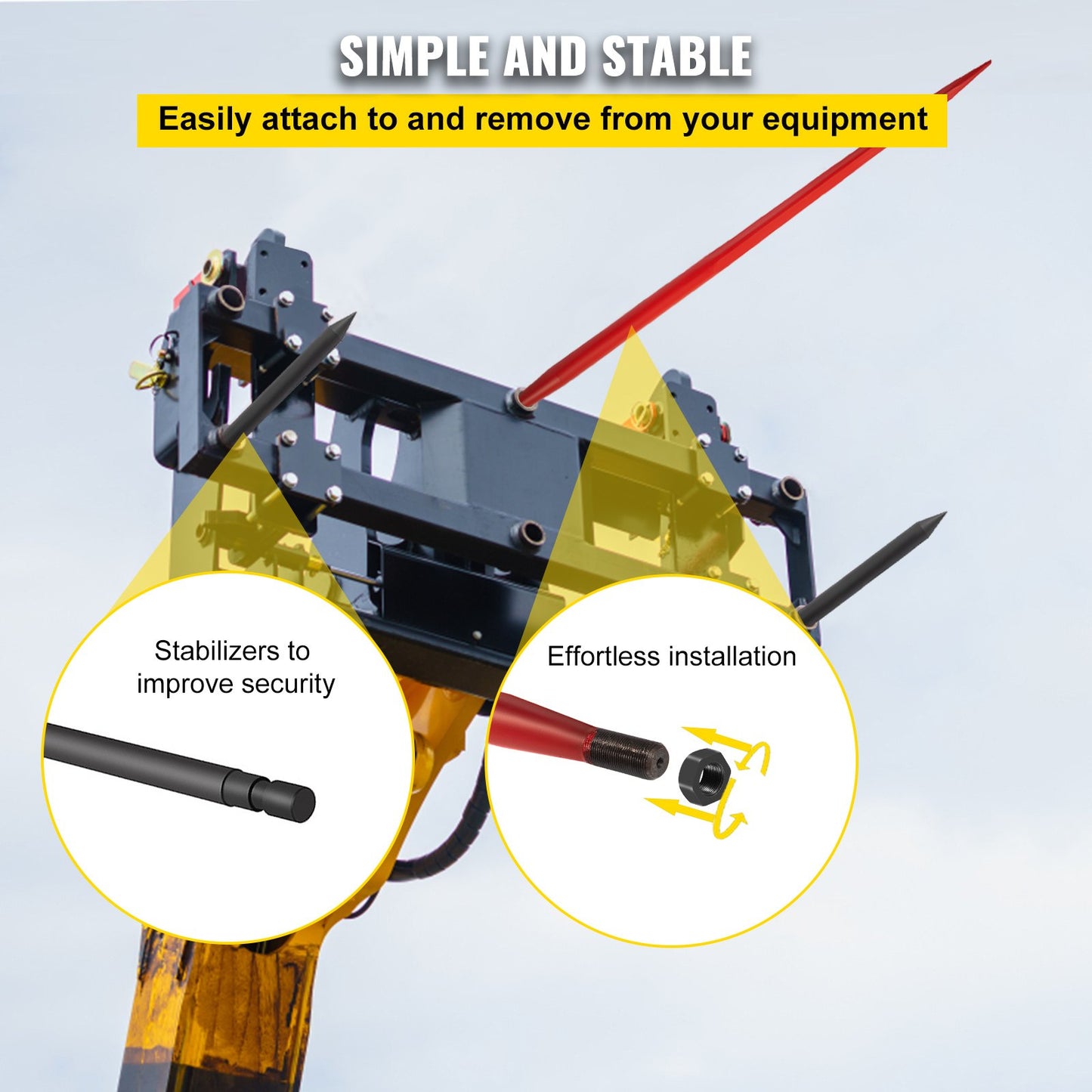 Heuspieß, 124 cm, Ballenspieß, 1366 kg Tragkraft, Ballenspieß mit Schnellbefestigung, quadratische Heuballenspieß, 4,8 cm breit, rot beschichtete Ballengabeln, Heuspieß mit 2 Stabilisierungsspieß, Kegel 2