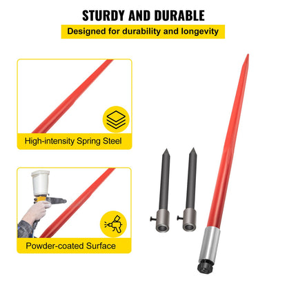 Heuspieß, 124 cm, Ballenspieß, 1366 kg Tragkraft, quadratischer Ballenspieß mit Schnellbefestigung, rot beschichtete Ballengabeln, Ballenspieß mit 2 Stabilisierungsspeeren