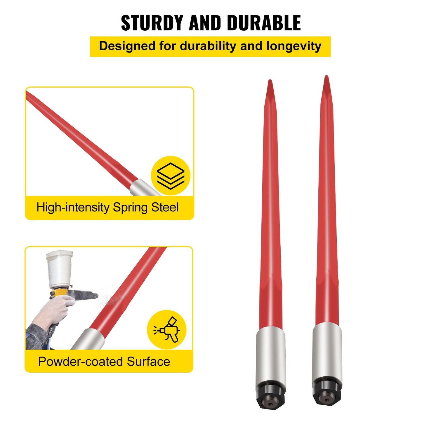Pair Hay Spear 39" Bale Spear 3000 lbs Capacity, Bale Spike Quick Attach Square Hay Bale Spears 1 3/4", Red Coated Bale Forks, Bale Hay Spike with Hex Nut & Sleeve for Buckets Tractors Loaders
