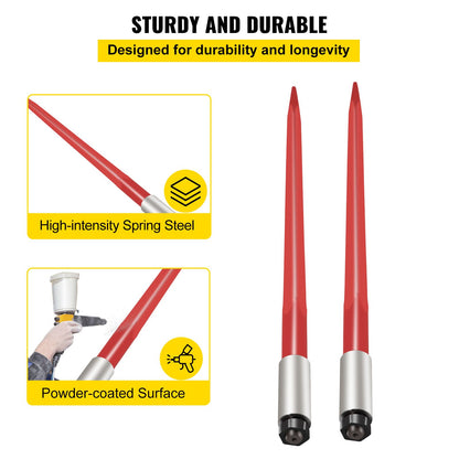 Pair Hay Spear 39" Bale Spear 3000 lbs Capacity, Bale Spike Quick Attach Square Hay Bale Spears 1 3/4", Red Coated Bale Forks, Bale Hay Spike with Hex Nut & Sleeve for Buckets Tractors Loaders