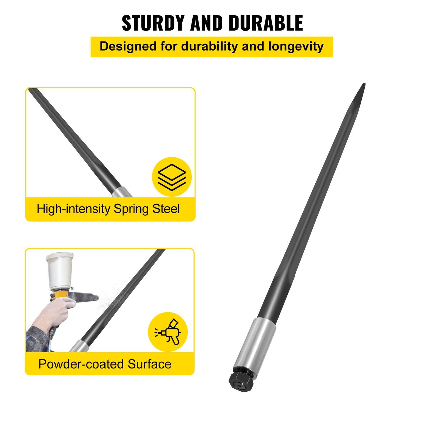 Hay Spear 39\" Bale Spear 3600 lbs Capacity, Bale Spike Quick Attach Square Hay Bale Spears 1 3/4\", Black Coated Bale Forks, Bale Hay Spike with Hex Nut and Sleeve for Buckets Tractors Loaders