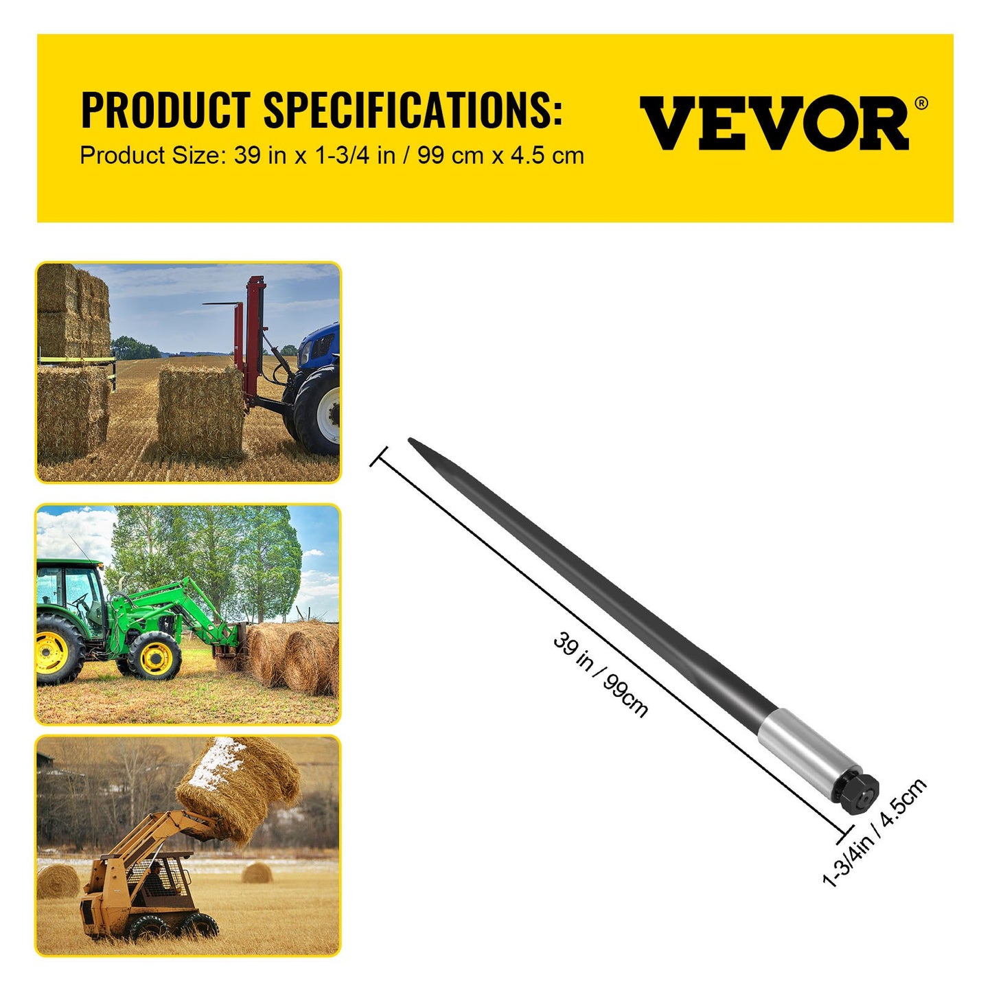 Hay Spear 39\" Bale Spear 3600 lbs Capacity, Bale Spike Quick Attach Square Hay Bale Spears 1 3/4\", Black Coated Bale Forks, Bale Hay Spike with Hex Nut and Sleeve for Buckets Tractors Loaders
