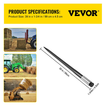 Hay Spear 39\" Bale Spear 3600 lbs Capacity, Bale Spike Quick Attach Square Hay Bale Spears 1 3/4\", Black Coated Bale Forks, Bale Hay Spike with Hex Nut and Sleeve for Buckets Tractors Loaders