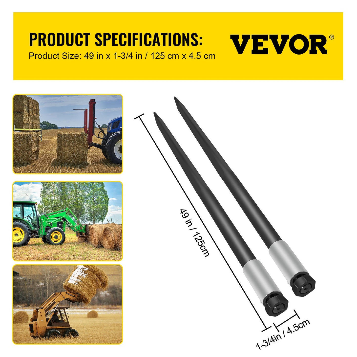 Hay Spear Spears 49\" Hay Bale Spear Spike, 4000 lbs Capacity Quick Attach Square Hay Bale Spears, 2 Pics Black Bale Forks, Bale Hay Spike with Hex Nut & Sleeve for Buckets Tractors Loaders
