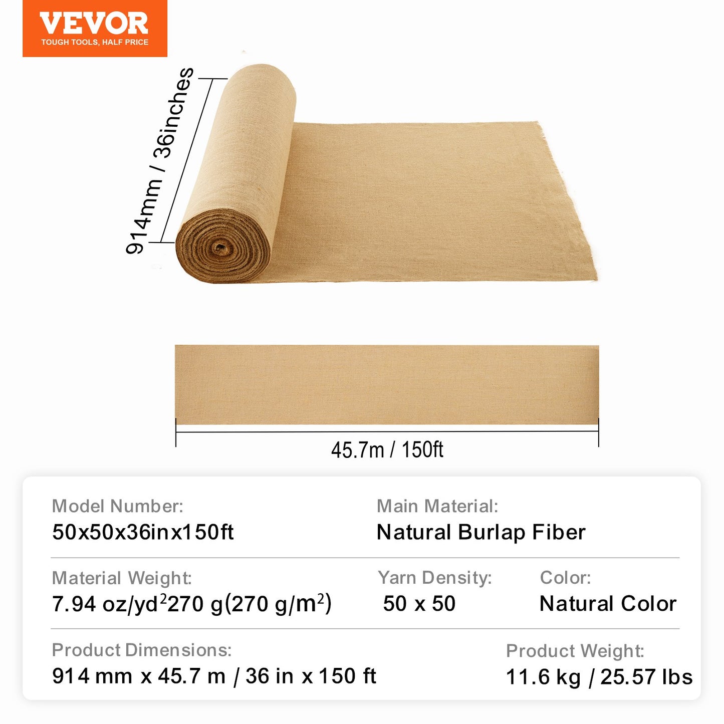 Burlap Fabric Roll, 36” x 150 ft & 50 x 50 High Density Wide Natural Burlap Fabric Rolls, Jute Fabric Burlap Tree Wrap Roll, for Decor, Crafts, Wedding, Gardening, Plant & Tree Winter Covering
