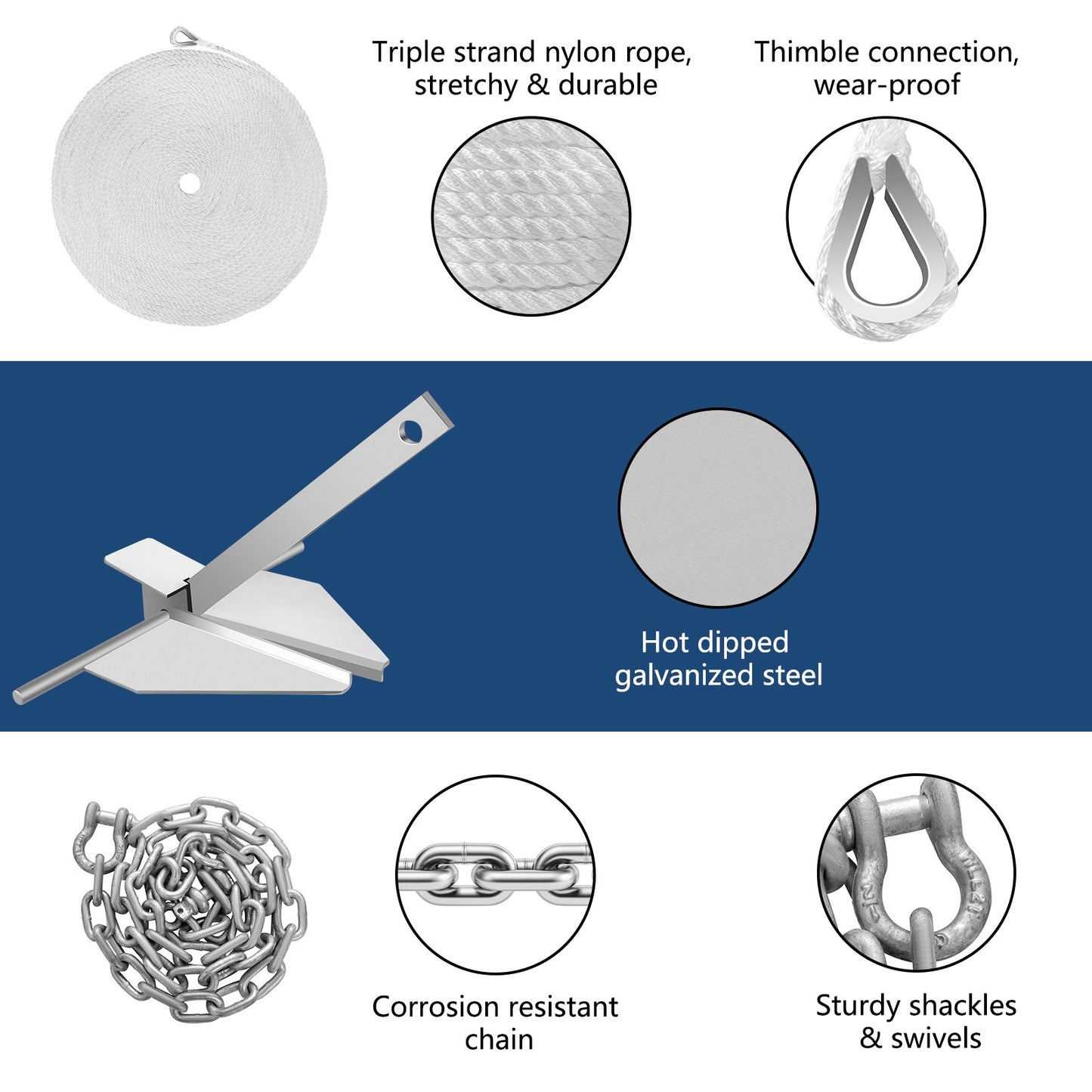 Boat Anchor Kit 13 lb Fluke Style Anchor, Hot Dipped Galvanized Steel Fluke Anchor, Marine Anchor with Anchor, Shackles, Chain, Rope for Boat Mooring on The Beach, Boats from 20'-32'