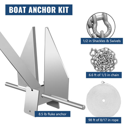 Boat Anchor Kit 8.5 lb Fluke Style Anchor, Hot Dipped Galvanized Steel Fluke Anchor, Marine Anchor with Anchor, Rope, Shackles, Chain for Boat Mooring on The Beach, Boats from 15\'-24\'
