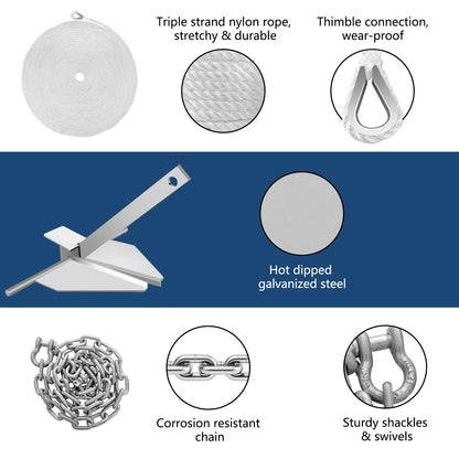 Boat Anchor Kit 8.5 lb Fluke Style Anchor, Hot Dipped Galvanized Steel Fluke Anchor, Marine Anchor with Anchor, Rope, Shackles, Chain for Boat Mooring on The Beach, Boats from 15\'-24\'