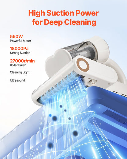 Mattress Vacuum Cleaner, 550W Bed Vacuum Cleaner with 18Kpa Powerful Suction and Dual Dust Bin, HEPA Filter & Heating, Ultrasound Tech & Cleaning Lights, Handheld for Bed, Sofa, Corded, White
