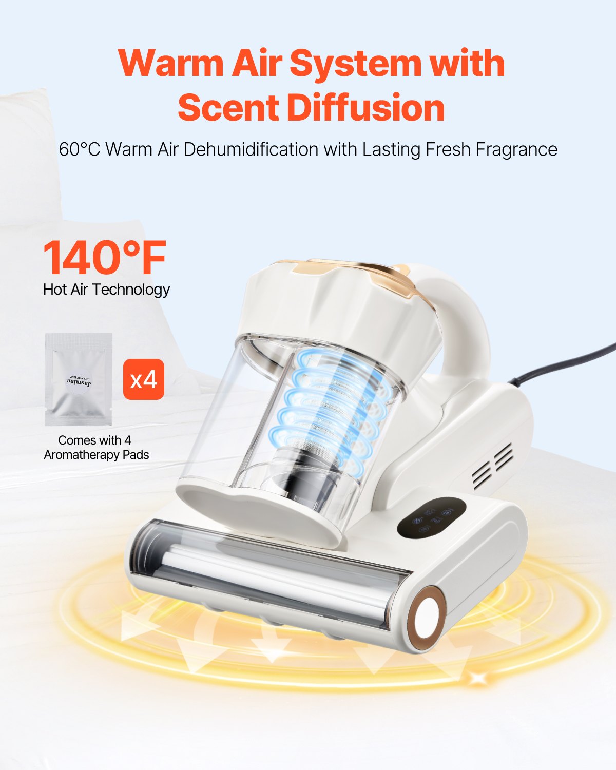 Mattress Vacuum Cleaner, 550W Bed Vacuum Cleaner with 18Kpa Powerful Suction and Dual Dust Bin, HEPA Filter & Heating, Ultrasound Tech & Cleaning Lights, Handheld for Bed, Sofa, Corded, White