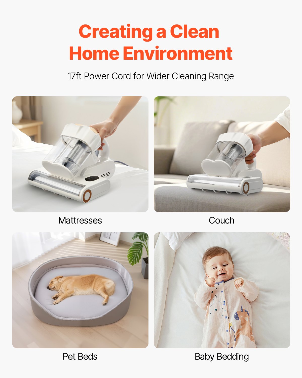 Mattress Vacuum Cleaner, 550W Bed Vacuum Cleaner with 18Kpa Powerful Suction and Dual Dust Bin, HEPA Filter & Heating, Ultrasound Tech & Cleaning Lights, Handheld for Bed, Sofa, Corded, White