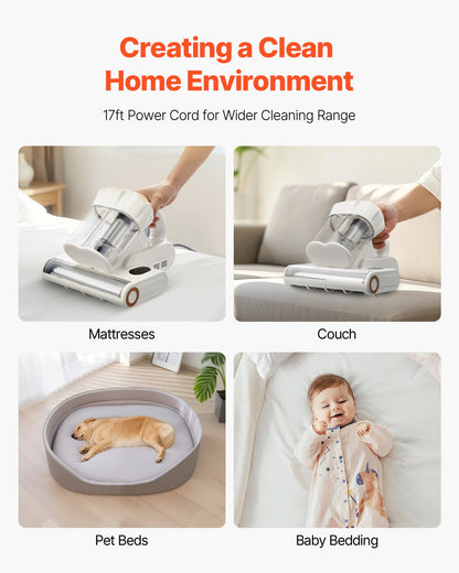 Mattress Vacuum Cleaner, 550W Bed Vacuum Cleaner with 18Kpa Powerful Suction and Dual Dust Bin, HEPA Filter & Heating, Ultrasound Tech & Cleaning Lights, Handheld for Bed, Sofa, Corded, White