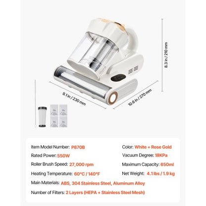Matratzenstaubsauger mit 18 kPa starkem HEPA-Filter 550 W weiß | EU