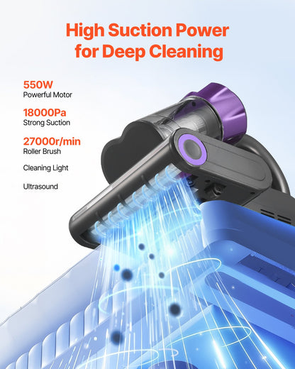 Mattress Vacuum Cleaner, 550W Bed Vacuum Cleaner with 18Kpa Powerful Suction and Dual Dust Bin, HEPA Filter & Heating, Ultrasound Tech & Cleaning Lights, Handheld for Bed, Sofa, Corded, Gray
