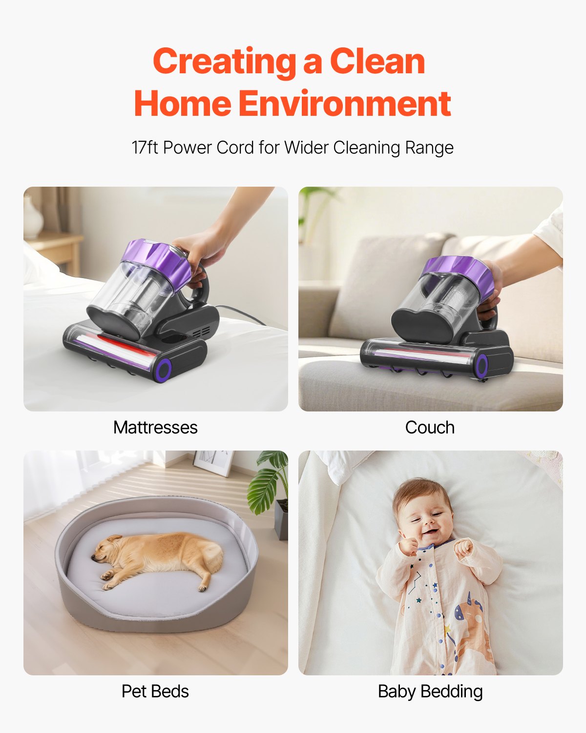 Mattress Vacuum Cleaner, 550W Bed Vacuum Cleaner with 18Kpa Powerful Suction and Dual Dust Bin, HEPA Filter & Heating, Ultrasound Tech & Cleaning Lights, Handheld for Bed, Sofa, Corded, Gray