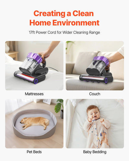 Mattress Vacuum Cleaner, 550W Bed Vacuum Cleaner with 18Kpa Powerful Suction and Dual Dust Bin, HEPA Filter & Heating, Ultrasound Tech & Cleaning Lights, Handheld for Bed, Sofa, Corded, Gray