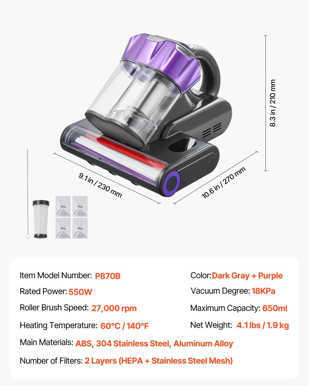 Mattress Vacuum Cleaner, 550W Bed Vacuum Cleaner with 18Kpa Powerful Suction and Dual Dust Bin, HEPA Filter & Heating, Ultrasound Tech & Cleaning Lights, Handheld for Bed, Sofa, Corded, Gray