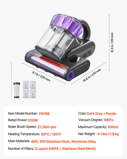 Mattress Vacuum Cleaner, 550W Bed Vacuum Cleaner with 18Kpa Powerful Suction and Dual Dust Bin, HEPA Filter & Heating, Ultrasound Tech & Cleaning Lights, Handheld for Bed, Sofa, Corded, Gray