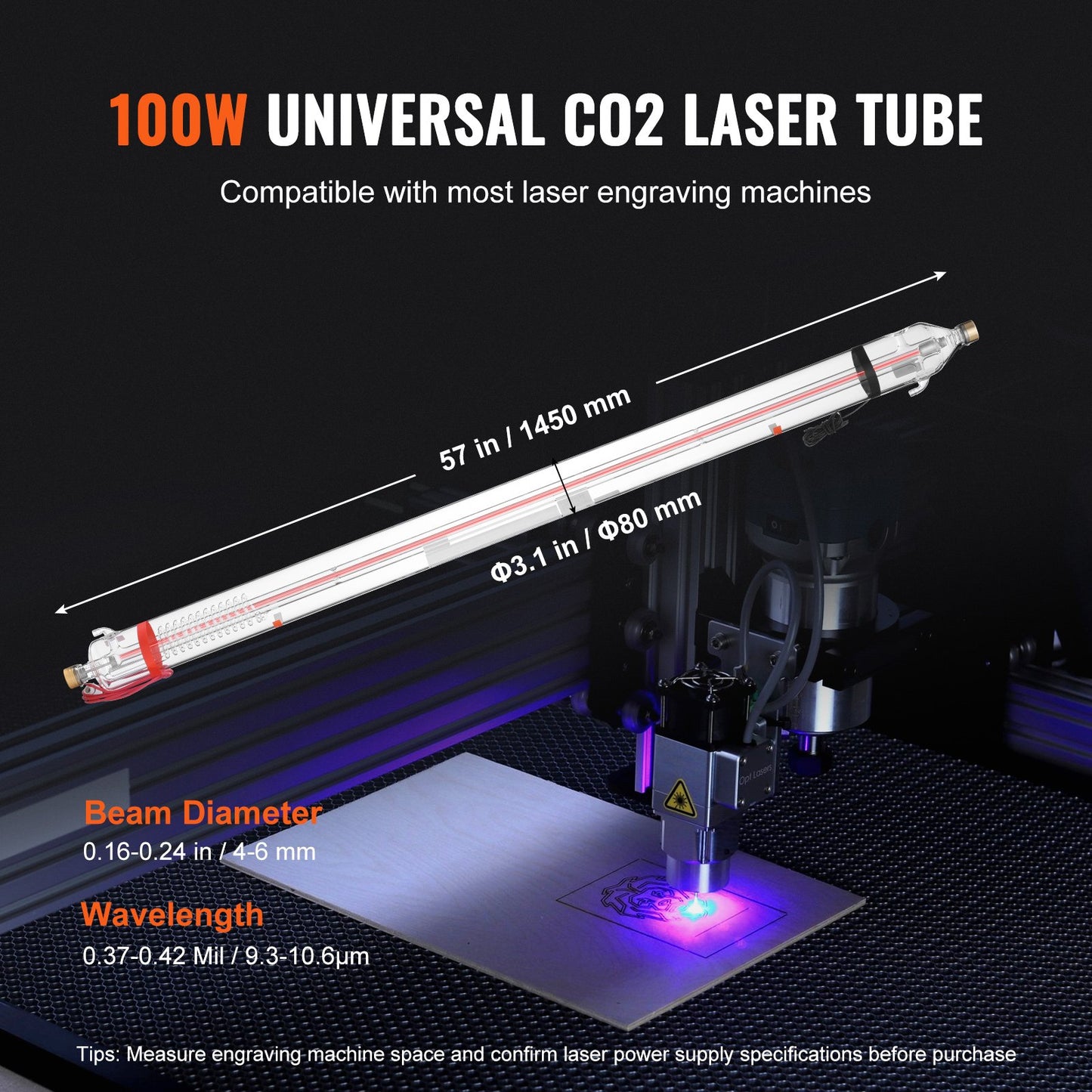 100 W CO2-Laserröhre 57 Zoll/1450 mm Borosilikatglas-Laserschneidröhre