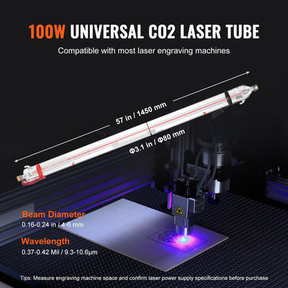 100 W CO2-Laserröhre 57 Zoll/1450 mm Borosilikatglas-Laserschneidröhre