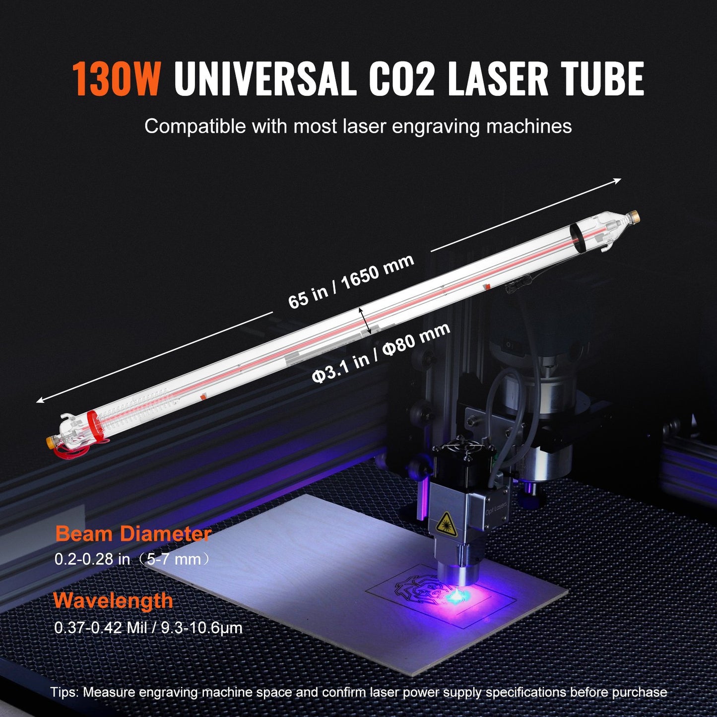 130W CO2 laserrör 65 tum / 1650 mm borosilikatglas laserskärrör