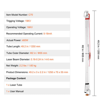 60W CO2 laser tube 49.2 inch/1250mm borosilicate glass laser cutting tube