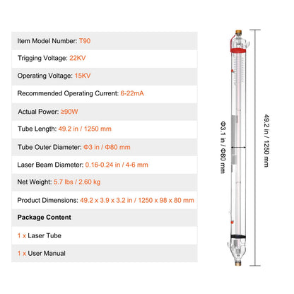 90W CO2 laser tube 49.2 inch/1250mm borosilicate glass laser cutting tube