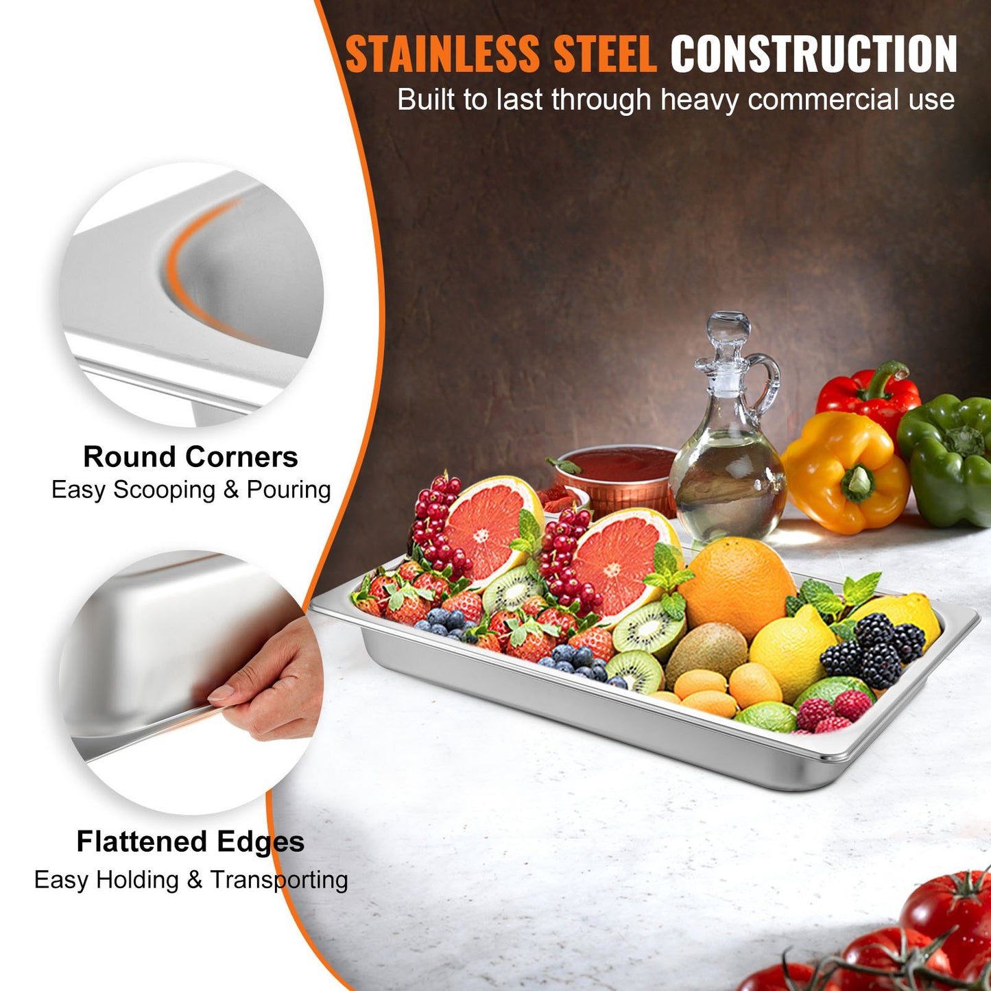 6 Pack Steam Table Pans 20.9 x 12.8 x 2.6 Inch Deep Steam Table Pan Full Size 8.5L Deep Food Container Stainless Steel Oven Tray Hotel Pans Anti-Jam Steam Table Food Pan
