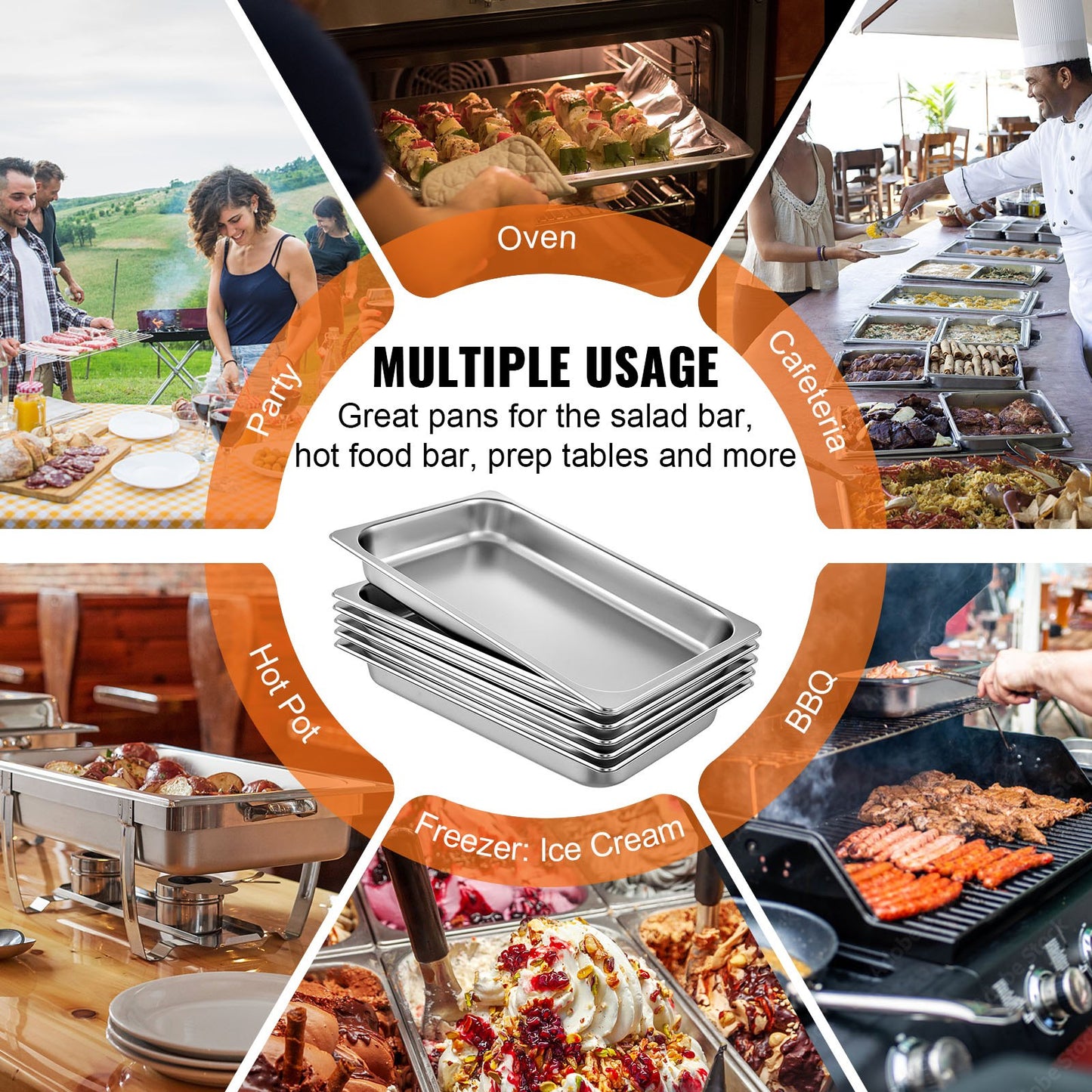 6 Pack Steam Table Pans 20.9 x 12.8 x 2.6 Inch Deep Steam Table Pan Full Size 8.5L Deep Food Container Stainless Steel Oven Tray Hotel Pans Anti-Jam Steam Table Food Pan