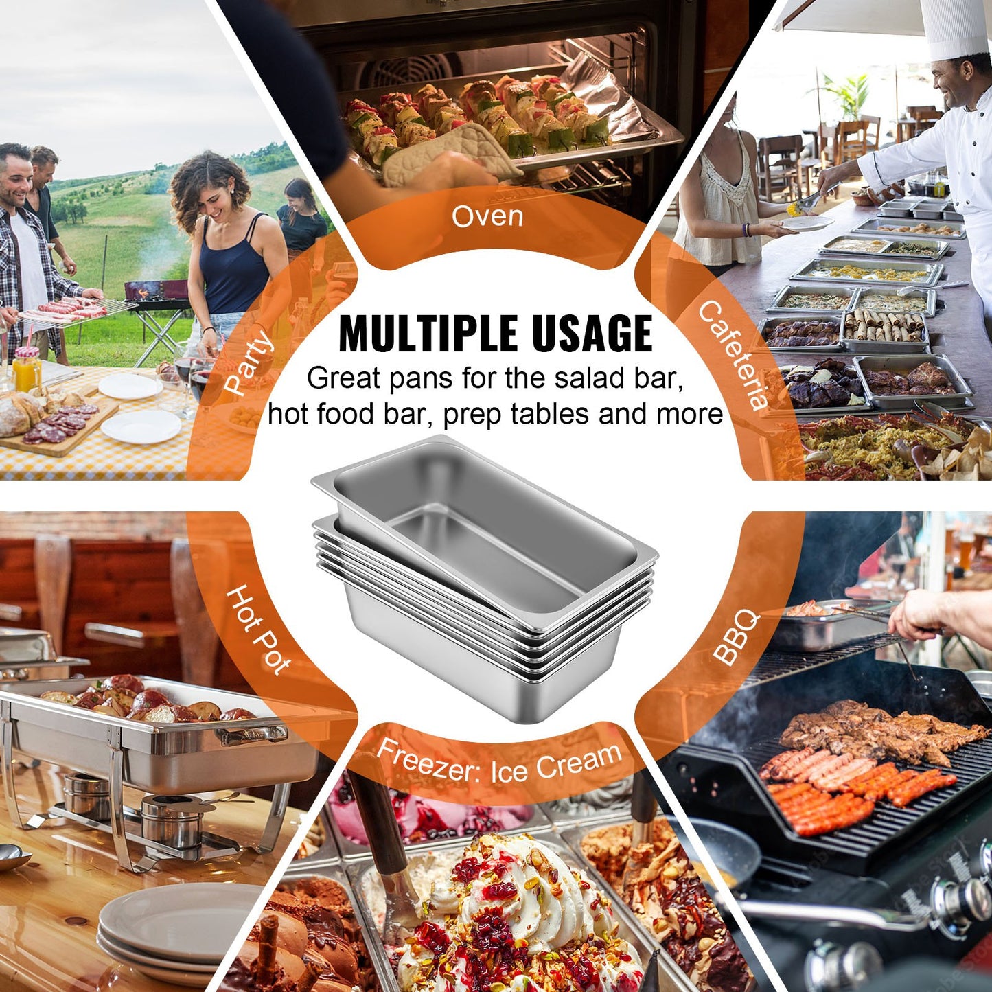 6 Pack Steam Table Pans 20.9 x 12.8 x 5.9 Inch Deep Steam Table Pan Full Size 20.5L Deep Food Container Stainless Steel Oven Tray Hotel Pans Anti-Jam Steam Table Food Pan