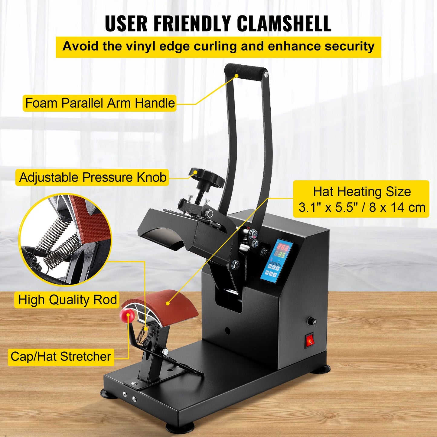 Heat Press 6x3.75Inch Curved Element Hat Press Clamshell Design Heat Press for Hats Rigid Steel Frame No Stick Digital LCD Timer and Temperature Control (6x3.75Inch Clamshell Design)