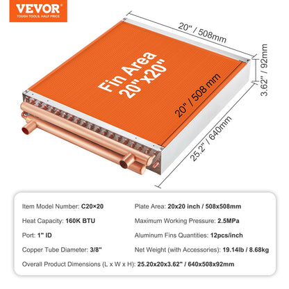 Heat Exchanger Water to Air, 20"x 20" with 3-Row 3/8" Copper Ports, 242 Aluminum Fins Heat Exchanger for Outdoor Wood Furnaces, Residential Heating and Cooling, and Forced Air Heating