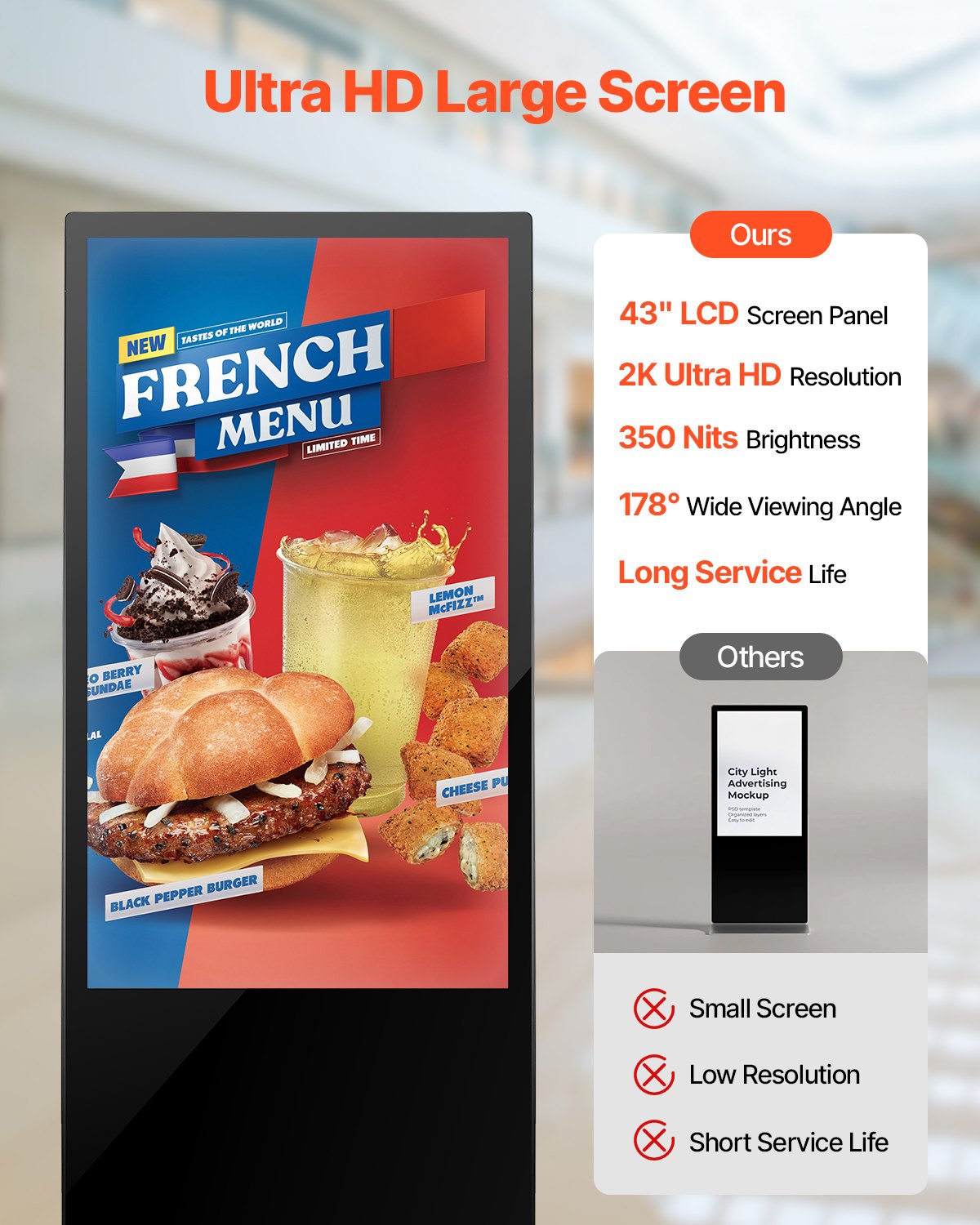 43 Inch Digital Signage Display, Touchscreen Digital Kiosk, Indoor Floor Standing Kiosk Display, 2K UHD LCD Screen, 2GB RAM & 32GB ROM, with WiFi HDMI/USB Input, Commercial Advertising Display