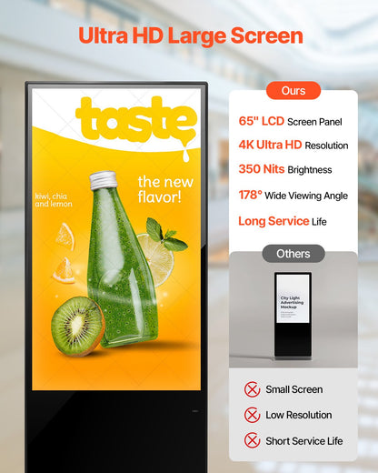 65 Inch Digital Signage Display, Touchscreen Digital Kiosk, Indoor Floor Standing Kiosk Display, 4K UHD LCD Screen, 2GB RAM & 32GB ROM, with WiFi HDMI/USB Input, Commercial Advertising Display