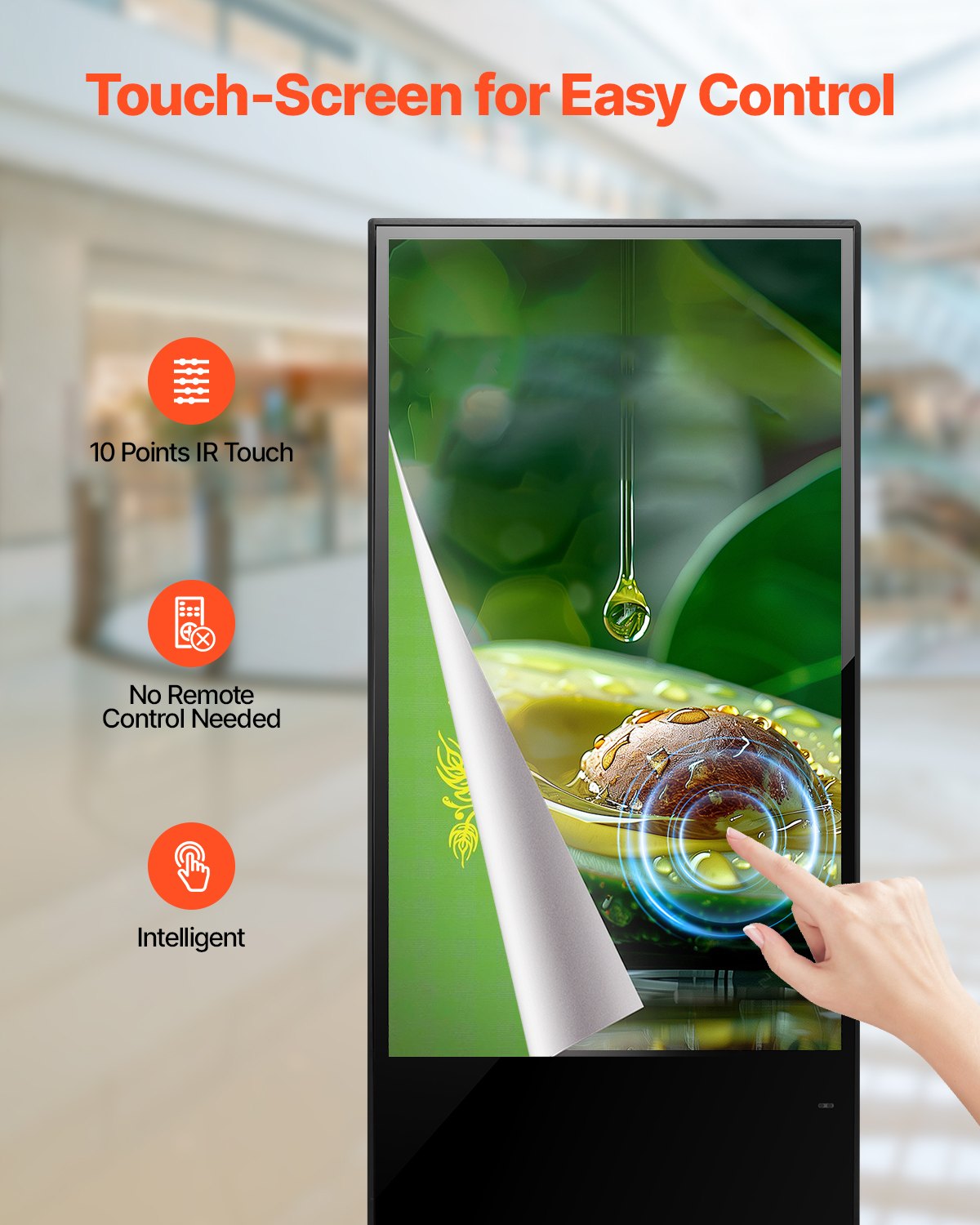 65 Inch Digital Signage Display, Touchscreen Digital Kiosk, Indoor Floor Standing Kiosk Display, 4K UHD LCD Screen, 2GB RAM & 32GB ROM, with WiFi HDMI/USB Input, Commercial Advertising Display