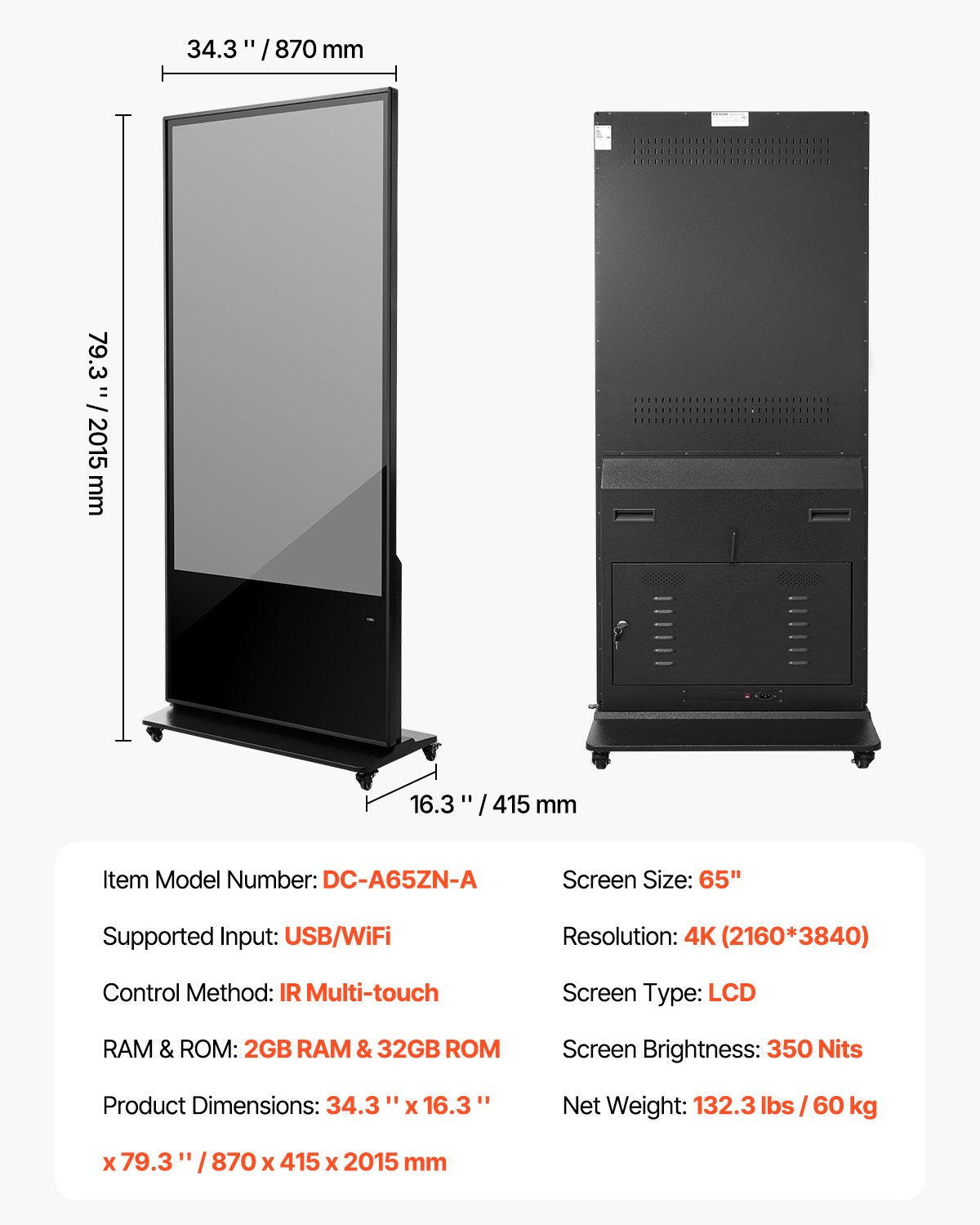 65 Inch Digital Signage Display, Touchscreen Digital Kiosk, Indoor Floor Standing Kiosk Display, 4K UHD LCD Screen, 2GB RAM & 32GB ROM, with WiFi HDMI/USB Input, Commercial Advertising Display