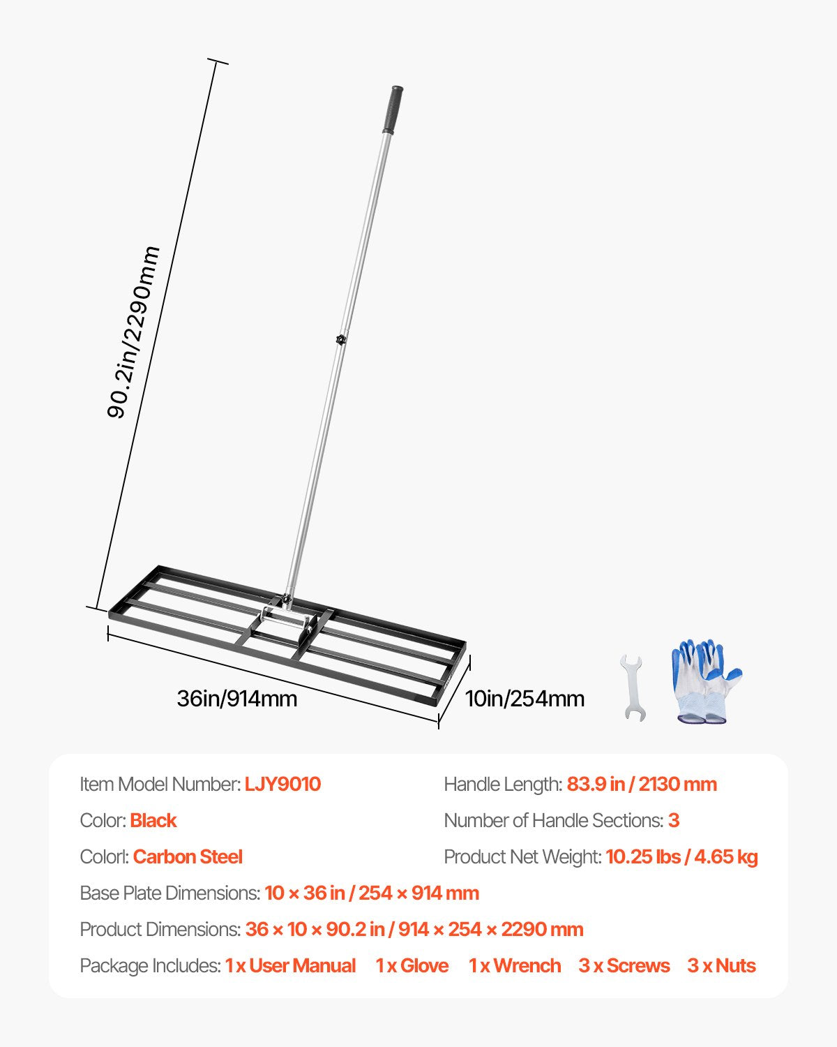 Lawn Leveling Rake, Lawn Leveler with 83.9 in Handle, 36x10 in Ground Plate, Rust-Resistant Carbon Steel Soil Leveler, 3 Heights Adjustable, Effort Saving Lawn Leveling Tool for Yard Golf Court